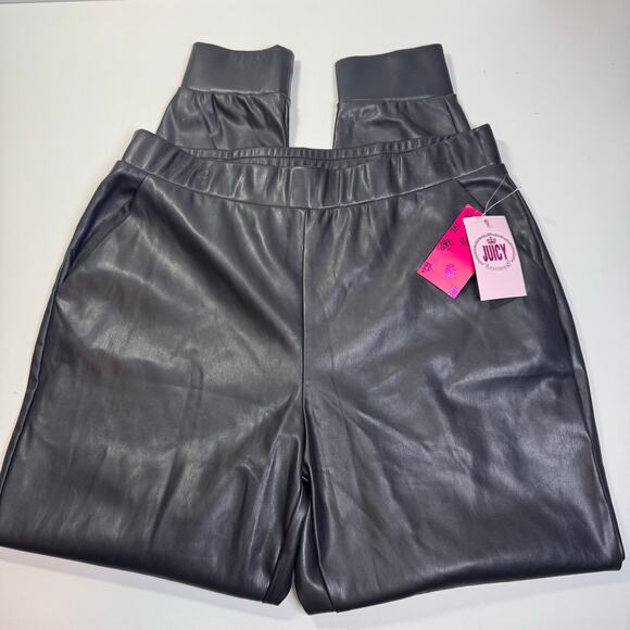 NWT Juicy Couture Faux Leather Black Joggers Elastic Waist Large Sporty Casual - Picture 3 of 12